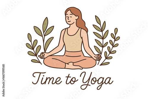 A serene image depicts a woman sitting cross-legged, surrounded by lush greenery and accompanied by the phrase time to yoga