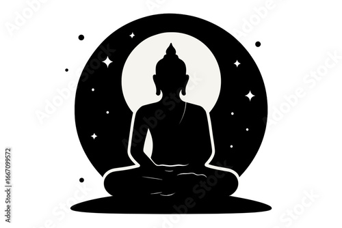 A majestic black and white image of Buddha at meditation beneath a radiant full moon embodies spiritual enlightenment, serenity, and inner calm