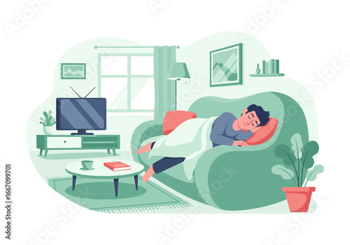 Man sleeping on a couch in a cozy living room with a peaceful atmosphere and light colors
