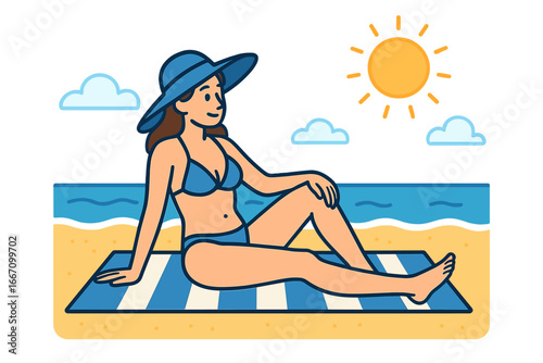 A woman sits calmly on the beach, wearing a blue hat and swimsuit, lost in meditation