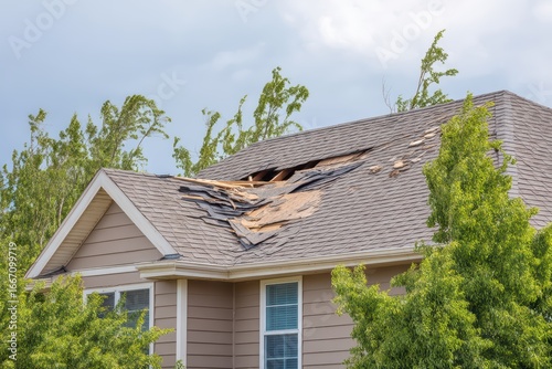 Damaged Roof on House After Storm with Tarps and Visible Wear from Severe Weather Conditions