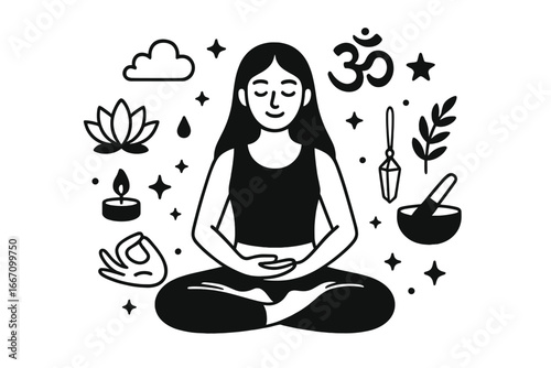 A tranquil being sits in a lotus position, surrounded by emblems of inner peace and holistic harmony