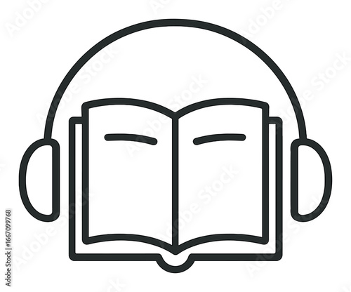 Minimalist audiobook icon with open book and headphones in black and gray design