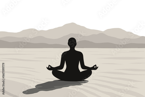 A peaceful digital illustration of a solitary yogi in a serene desert setting, isolated on a clear background, created in striking black and white