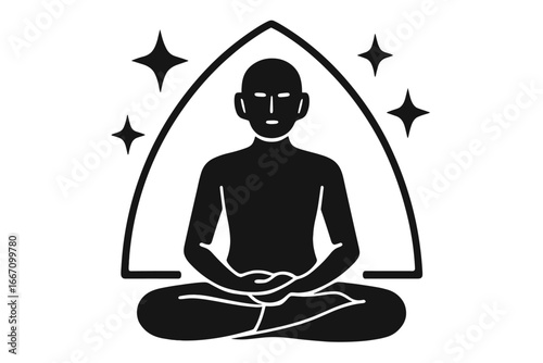 A figure in the lotus position is meditating within an oval border, surrounded by starlight and rays