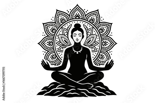 A serene image of a woman in a lotus pose is set against a backdrop of intricate mandala patterns, embodying spiritual growth and inner peace