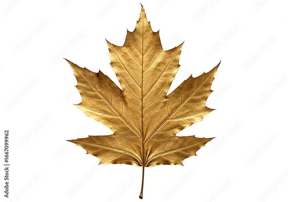 Fototapeta premium A golden maple leaf, detailed and highlighted against a pure black backdrop, showcasing intricate vein patterns and a rich, luxurious hue.