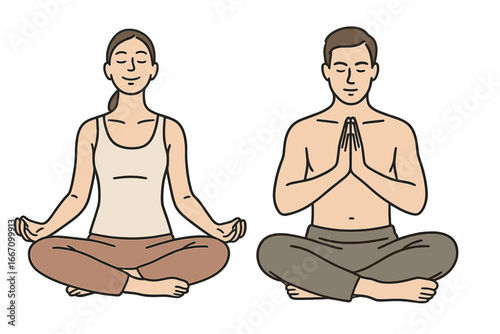 Two figures are depicted in a continuous line drawing style, seated in a lotus pose, as they meditate in a yoga-inspired art piece