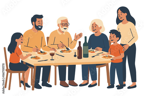 A cartoon family, including parents, grandparents, and children, gather around the dinner table at home to share a festive Thanksgiving meal of roasted turkey and engaging conversation