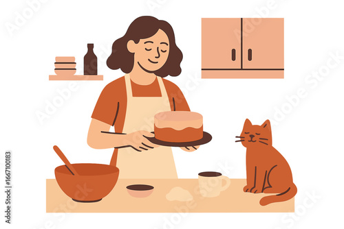A young woman accompanied by her red cat cooks in the kitchen, while a pastry chef adorns a cake with cherry berries, highlighting leisure time spent at home with pets in a hand-drawn flat