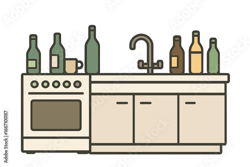 Vector illustration of a clean and cozy kitchen interior with a counter, cupboards, oven, stove, pot, and teapot, depicting a modern vintage home cooking area