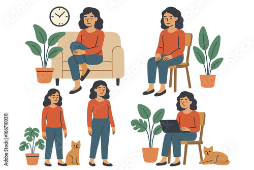 Vector illustration depicting a cozy home interior with a family and a woman engaging in various activities during coronavirus quarantine and self-isolation
