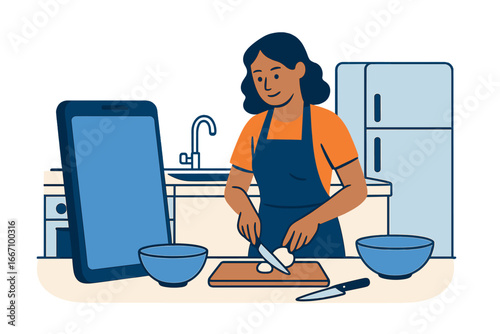 E-learning smartphone application concept featuring miniature people in a cooking class, promoting social distancing and stay-at-home measures, illustrated as a poster or social banner design on a