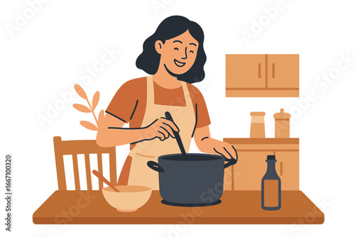 Cartoon character flat vector illustration of people cooking at home, a collection of a cartoon woman preparing food