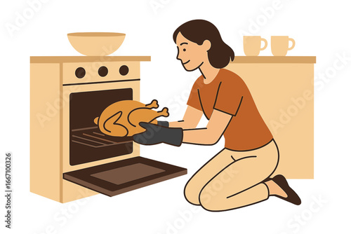 A young girl sits in front of an open oven with a dish as a young woman places chicken inside, illustrating the concept of home cooking in a vector flat style on a white background