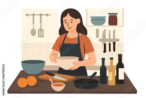 A professional chef in uniform is cooking a meal in the kitchen, with a woman standing and holding a kitchen knife and paprika in a culinary studio or home, depicted in cartoon flat style vector