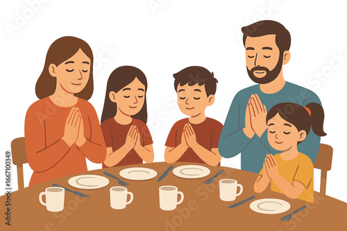 A family gathers around their dining table to say grace before eating dinner together at home