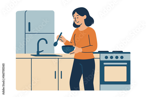 Vector illustration of a woman at home, depicted cooking in her kitchen