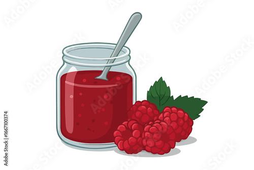 Flat vector illustration of a glass jar containing raspberry jam at home