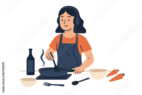 Arab girl wearing hijab and headphones, entertaining herself by singing into a spatula while preparing dinner at home, depicted in a flat vector illustration on a white background