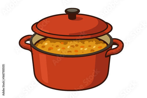 A flat vector illustration of a red iron pan with white circles and geometric shapes, depicting a stainless kitchen utensil isolated on a white background for boiling and cooking dishes at home