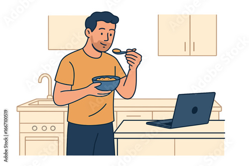 A comic book man is depicted standing in the kitchen, tasting soup from a pan while taking online cooking courses at home