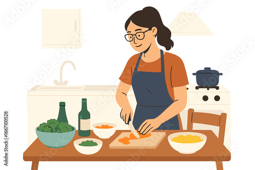 Elderly woman embracing healthy living by preparing a vegetarian soup with mushrooms and vegetables at home