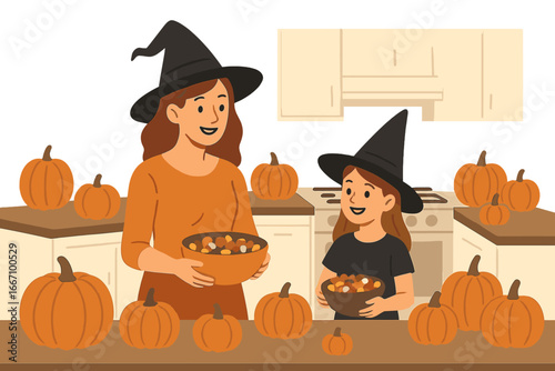 A mother and daughter are preparing for Halloween at their home by cooking party dishes together in the kitchen, depicting a Halloween concept through a flat vector illustration