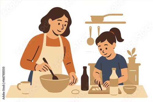 A happy mom and her daughter prepare a meal together in their home kitchen, embodying the concept of joyful motherhood and shared activities with kids