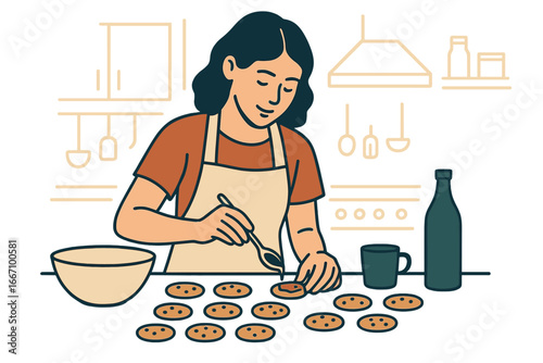 An older woman is baking cookies and arranging them in a tray in her home