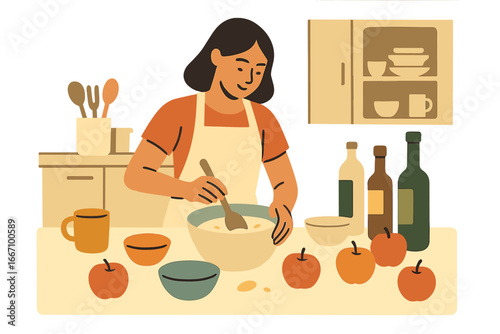 In a cozy domestic kitchen, a young and pretty woman is flattening dough while cooking alone at home on the weekend to make a surprise for her boyfriend or family on holiday, preparing a homemade