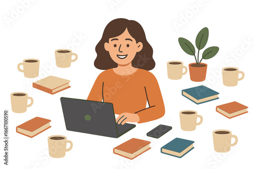 Vector illustration of a girl with long hair engaging in various stay-at-home activities, including caring for houseplants, reading books, doing housework, cooking, and watching movies, representing