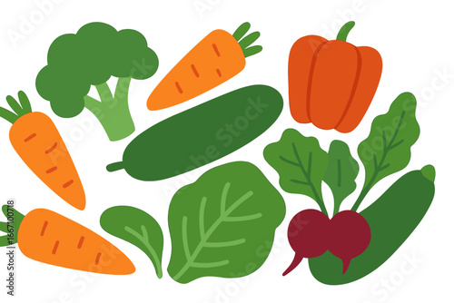 Vector illustration of a food collection featuring pepper, carrot, cucumber, garlic, celery, and parsley in flat style, suitable for product stores, markets, menus, and kitchen designs, presented in
