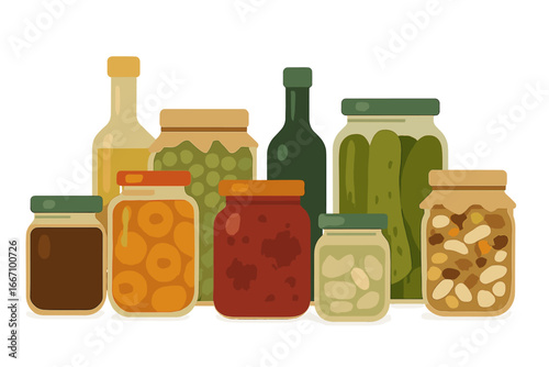Illustration of a set of large and small glass containers for storing bulk products like flour, sugar, pasta, dry food, and spices at home, promoting waste-free and eco-friendly storage, isolated on