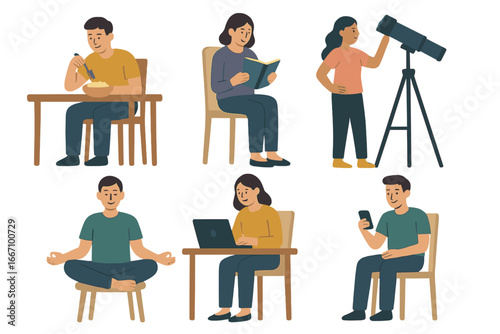 Vector illustrations depict people and cartoon characters engaging in relaxing home activities such as listening to music, cooking, reading, and playing, accompanied by dogs, showcasing weekend