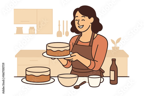 A pensive mature woman cooking in the kitchen becomes distracted from the cookery process, staring into the distance with a smile as she enjoys the pleasant house chore of preparing dessert for her