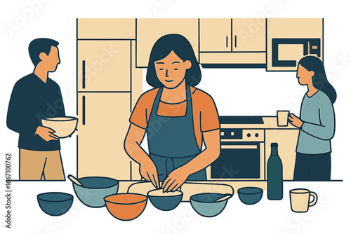 Cartoon illustration of a mother and daughter preparing a vegetable dish together in their kitchen, representing family, motherhood, and healthy eating in a flat vector style suitable for banners