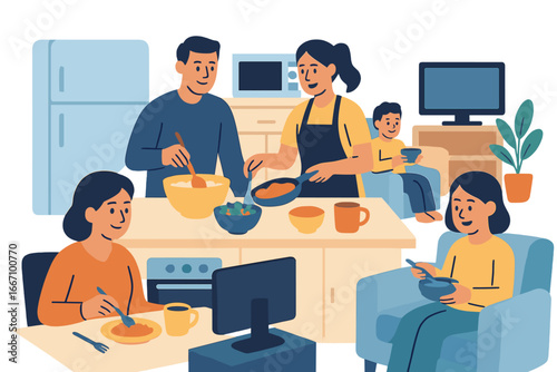 A vector illustration of a large young family gathered in their home's living room on a weekend, engaging in daily activities, with the father cooking pancakes