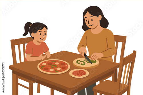 Mother and young girl preparing meal at their house jointly Vector Illustration