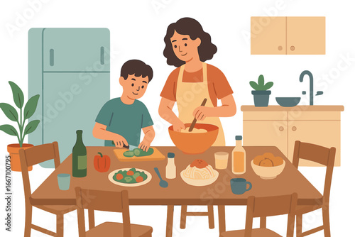 Family preparing food together at home, mother and daughter cooking a homemade meal on a table, depicted in a flat vector illustration