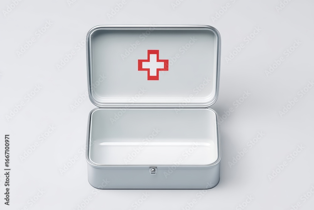 Fototapeta premium Opened first aid kit with red cross symbol on a clean surface for emergency medical supplies