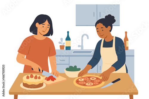 Two beautiful women are cooking a sweet cake on a kitchen table at home, participating in a baking workshop as freelance pastry chefs during quarantine