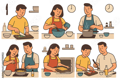 A man and woman are shown cooking tasty dishes in a flat vector illustration set depicting people preparing food and homemade meal preparation at home