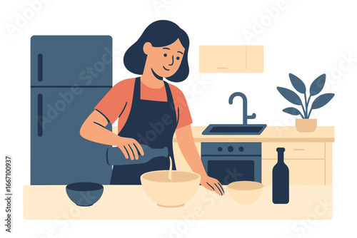Flat vector illustration of a happy woman, a housewife, cooking food in the kitchen during her leisure time at home
