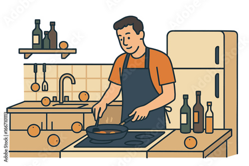 A male cartoon character is cooking at home while being on quarantine