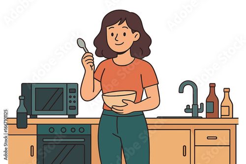 Illustration of a flat at home featuring an online cooking video vlog