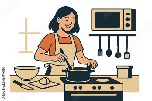 Vector illustration of a happy woman cooking in her home kitchen