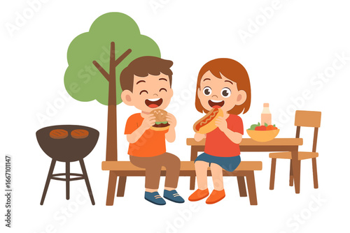 A cheerful American family is preparing a barbecue in their outdoor home setting