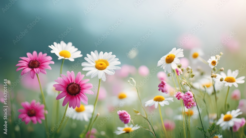 Obraz premium Vibrant Floral Scene with Colorful Daisies and Wildflowers in Soft Natural Light