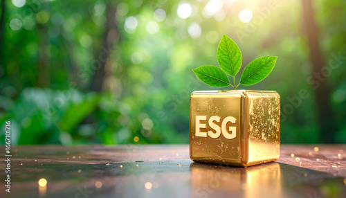 Sustainable growth: A radiant composition featuring the golden symbol of ESG, embodying environmental, social, and governance principles with budding leaves emerging on wooden table.